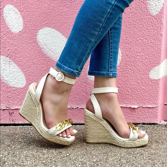 Qupid Shoes - Off White Ankle Strap Espadrille Wedges